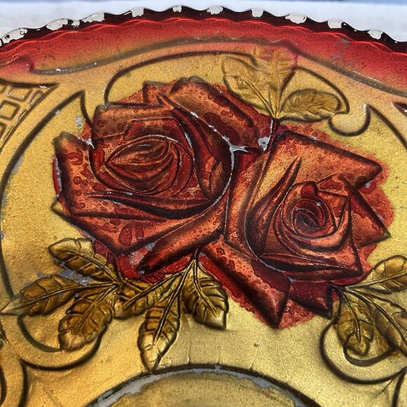 Antique Vintage 1920's  Red & Gold Roses Goofus Glass Plate/Platter 10 3/4" - Picture 6 of 9